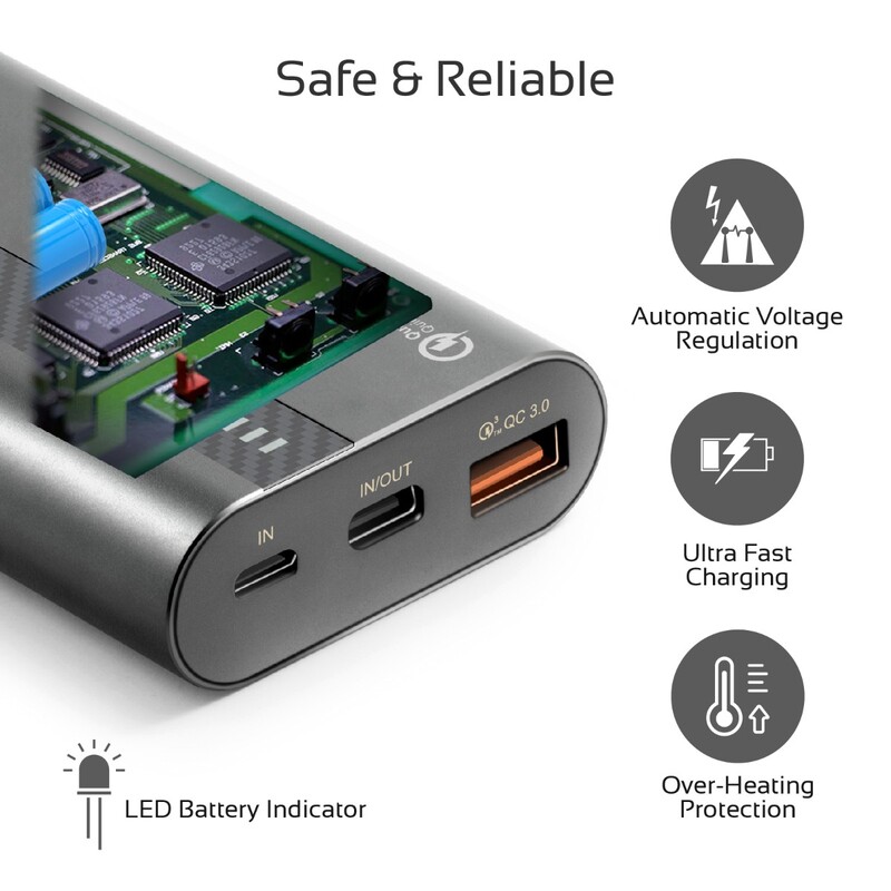 Promate 10000mAh PowerTank-10 USB-C Power Bank, Compact Palm Size 18W USB Type-C Input /Output Power Delivery External Battery Charger with QC 3.0 Port for iPhone XS /XS Max, Samsung S9/S9+, Grey